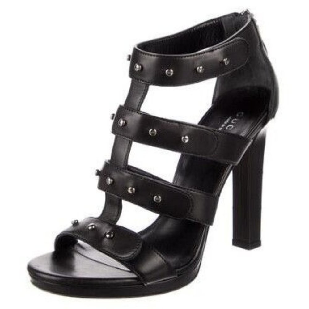 Gucci Leather Gladiator Heels EU Size 38 Black Sigourney Stiletto Platform Women